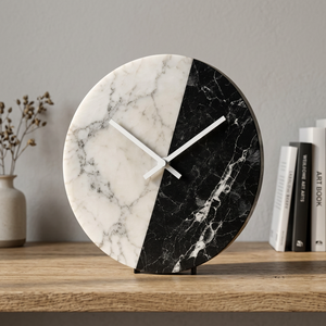 Horloge murale décorative de luxe Art Déco en marbre blanc et noir avec affichage à aiguilles en quartz, diamètre 36 cm, pour salon - Product Image 2