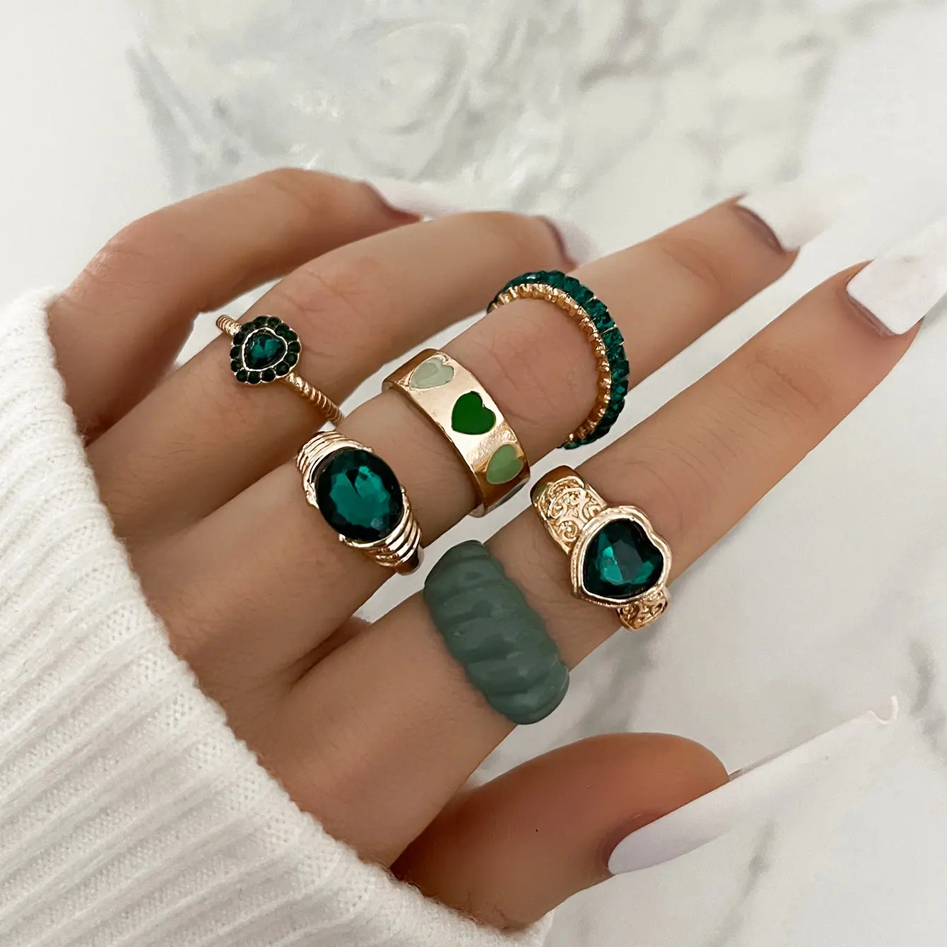 Sindlan Bohemian Green Crystal Resin Heart Rings Set Jewelry Rings Fashion Y2k Gold Knuckle Rings For Women