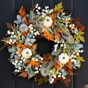 2024 Fall Harvest Pumpkin Artificial Maple Leaves Berry Thanksgiving Autumn Fall Wreath Thanksgiving Wreaths For Front Door