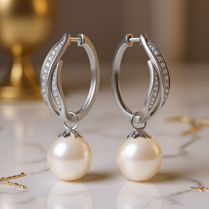 Pendientes de Aro de Oro Blanco E3955 con Perla Cultivada AAA de Forma Redonda y Engaste de Canal para Boda, Estilo Clásico para Mujer, Plata - Product Image 2