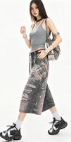 Culottes Y2K Cyberpunk décontractées à jambe large, imprimé denim trompe-loup, patchwork numérique haute densité, motif écossais, chaîne, effet usé, taille haute