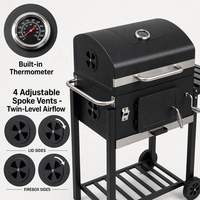 Outdoor-Holzkohlegrillwagen mit 3 Gusseisen-Grillrosten, Kurbelverstellbarer Holzkohlepfanne, Thermometer, Seitentisch und Rädern