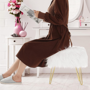 JS Customized Faux Fur Ottoman Footstool <strong>Small</strong> Bedroom <strong>Pouffe</strong> with Gold Metal Legs Accent Stools &amp; Ottomans - Product Image 1