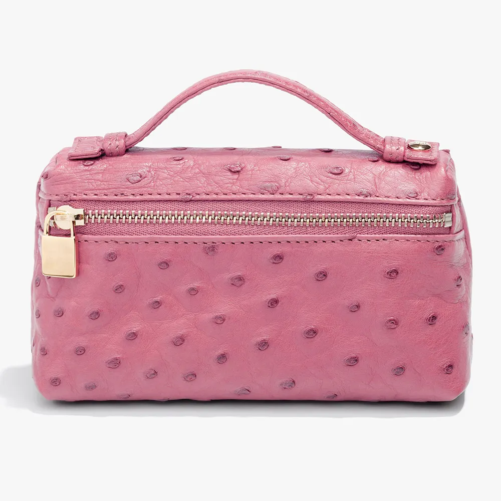 Custom Logo Ostrich Leather Pink Ladies Mini Zip Crossbody Handbag Purse For Women