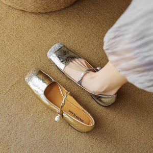 French Thick Heel Toe Pearl Fairy Lady's Shoes Women Spring Petites Sequin Flats Low Heel Flats - Product Image 4