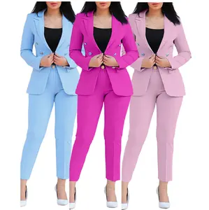 Blazer V-Neck Single Breasted wanita, celana ramping pakaian kantor dekorasi saku setelan Formal rajut musim semi