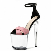Sandales à talons pour femme 2025, à bout ouvert, talon carré 17CM, chaussures de strip-teaseuse, plateforme 20CM, sandales de pole dance, talons hauts pour femme