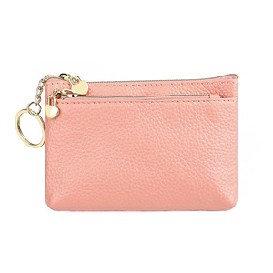 Porte-monnaie compact en cuir véritable pour femme avec fermeture éclair métallique, boucle porte-clés, doublure douce en polyester, tons pastel doux - Product Image 2