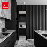 Ensemble d'armoires de rangement de cuisine complète Alland Luxury Villa en contreplaqué laqué noir mat moderne avec îlot cannelé
