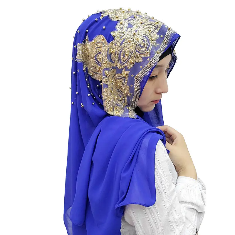 Fashion Muslim Hijab Printed Chiffon Islamic Scarf Long Solid Color With Bead Prayer Turbante