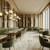 Ensemble de mobilier commercial Ron Group Restaurant : Table carrée en marbre, chaise haute en velours, banquette rembourrée en forme de L