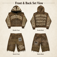 Vintage Washed Distressed Zip Hoodie Shorts Set Streetwear Grafik-Print Oversized Baggy Y2K Sommer Herren Zweiteiler Outfit