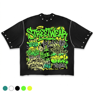 เสื้อยืดเฮฟวี่เวท คอตตอน 300GSM แบบย้อมสีเอซิด ทรงโอเวอร์ไซส์ ครอป บ็อกซี่ ประดับลายกราฟิกเพชร เสื้อยืดผู้ชาย - Product Image 1