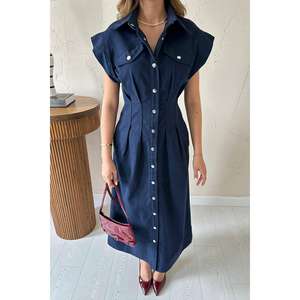 ชุดเดรสผ้ากาบาร์ดีนสีน้ำเงินกรมท่า ปกคอปกแบบพับได้ ทรงตรง สวมใส่สบาย เหมาะสำหรับทำงาน เอวทรงธรรมชาติ ผ้าทอ - Product Image 5