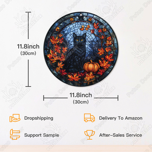 Feliz Halloween <span class=keywords><strong>redondo</strong></span> de madera colgante de pared signo gato negro FIESTA DE Halloween círculo corona Decoración - Product Image 2