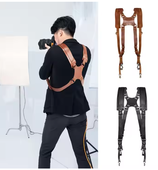 High Quality Leather Camera Strap Adjustable Double Shoulder Strap Harness  Black Brown