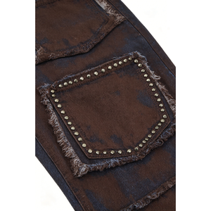 Pantalon en jean taille mi-haute coupe oversize avec rivets décoratifs et multiples poches plaquées, marron délavé, à jambe large, pour le style Hip Hop Punk - Product Image 5