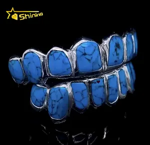 925 Silver 10k Solid Gold Rapper Body Jewelry Hip Hop Teeth Custom Grillz With Blue Turquoise