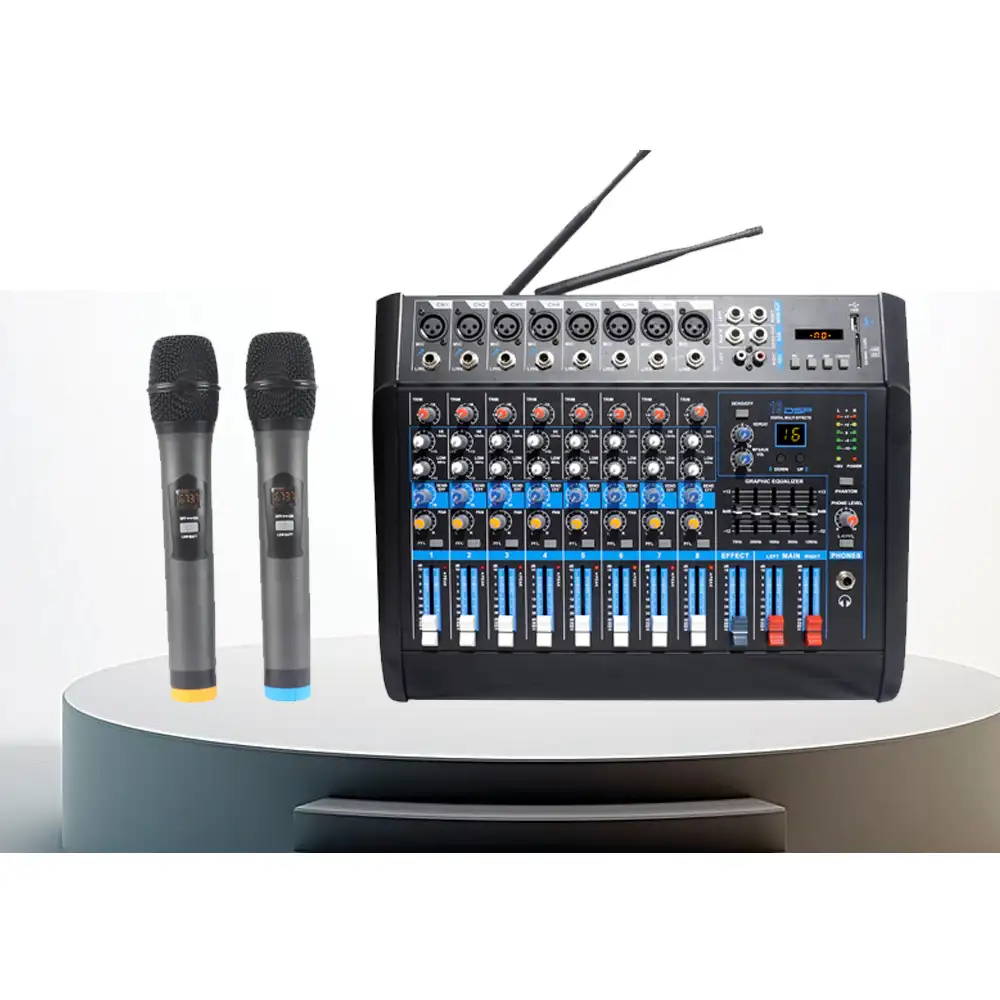 Festa a casa karaoke mixer amplificatore equalizzatore 8 canali DJ mixer audio professionale con 2 microfono senza fili