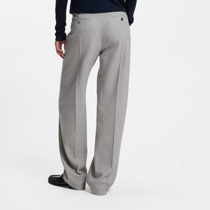 Pantalon de travail gris clair texturé taille haute plissé à jambe large coupe droite en mélange de lin respirant pour le bureau et les affaires - Product Image 3