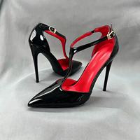 Escarpins sexy à talon aiguille et bout pointu pour femme, en cuir verni, avec bride en T et boucle, style sœur, taille 35-46, hauteur 8-12 cm, pour soirée et printemps