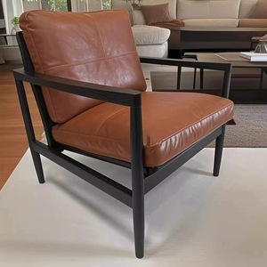 Chaise de loisirs avec siège en <span class=keywords><strong>cuir</strong></span> confortable pour balcon Salon Chambre <span class=keywords><strong>Fauteuil</strong></span> rembourré souple avec cadre en bois massif - Product Image 4