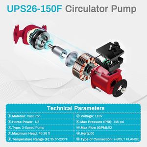ปั๊มหมุนเวียน 3 สปีด 1/3 แรงม้า 115 โวลต์ ทำจากเหล็กหล่อ ใช้แทน Grundfos 95906630 UPS26-150F - Product Image 5