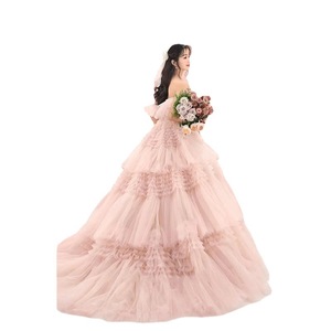 Pink Strapless Ball Gown Tulle Wedding Dress Empire Waistline Elegant Banquet Style - Product Image 2