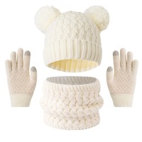 Ensemble bonnet, écharpe et gants en tricot pour enfants – Bonnet en tricot torsadé avec oreilles d'ours et pompon – Accessoires trois pièces chauds pour l'hiver, la neige et les activités extérieures par temps froid