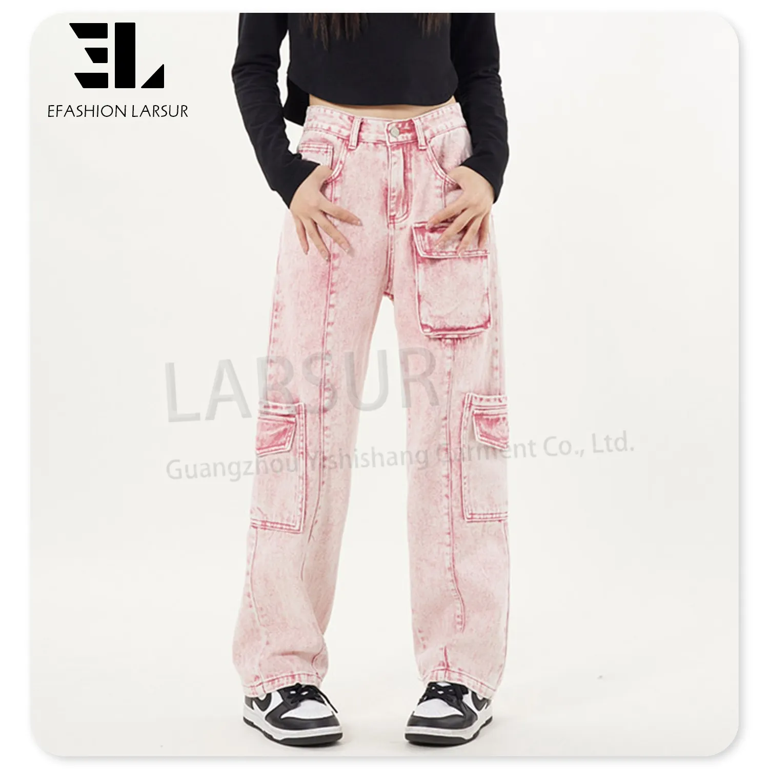 LARSUR custom factory distressed wash straight leg cargo jeans women side pockets ladies slim fit tactical denim cargo pants