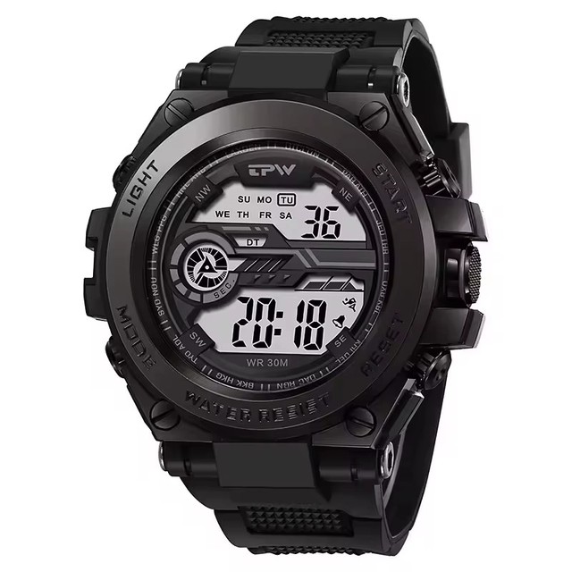 Men's Tactical Digital Quartz Movement Sports Watch Black Resin Case Alarm Stopwatch LED Display Water Resistant 30m