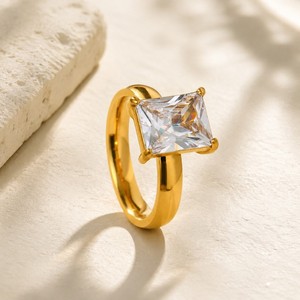 批发大号单颗长方形椭圆形锆石 18K 镀金不锈钢戒指女式 - Product Image 2