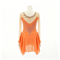 Robe de danse patinage orange avec maille nude, manches longues, motif feuille en strass argenté pour enfants et adultes, compétition et performance
