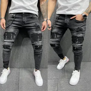 Celana panjang pria Label pribadi terbaru, celana panjang Jeans Homme Patchwork 2023, harga grosir OEM