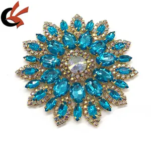 large Crystal Rhinestone Applique Aquamarine Blue Embellishment Gold