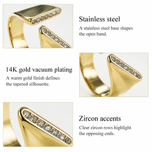 Anillo Abierto Ajustable de Acero Inoxidable con Baño de Oro de 14K, Banda Cónica con Detalles de Circonita Transparente y Extremos Acampanados - Product Image 3
