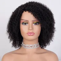 Perruques en cheveux humains Remy bouclés afro avec frange mèches marron/blondes, perruque brésilienne 4A coupe bob pour femmes (couleurs plus foncées)