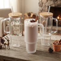 Vente en gros : Gobelet en verre givré transparent de 40 oz, style moderne, pour café glacé, avec poignée, couvercle en bambou et paille, pour l'eau potable
