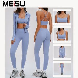 ชุดออกกำลังกายผู้หญิง เสื้อแจ็คเก็ตคอตั้งทรงเข้ารูป สปอร์ตบราแบบผูกหลัง สายคู่ ดีไซน์เว้า บราออกกำลังกาย กางเกงโยคะ - Product Image 5