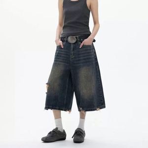 High Street déchiré sept huitièmes longueur Denim pantalon pour l'été nouvelle marque à la mode ample décontracté jambe droite Clean Fit pantalon - Product Image 6