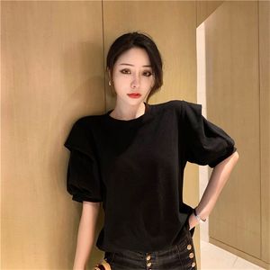 T-shirt Estiva Casual Elegante Vintage con Maniche a Sbuffo Traspirante Alta Elasticità Bianco Nero Manica Corta Abbigliamento Donna - Product Image 3