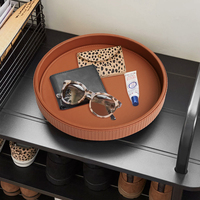 Plateau rond en cuir à rayures marron, organiseur de rangement de bureau, plateau décoratif pour table de chevet ou commode