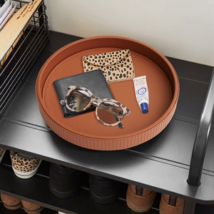 Brown Stripe Round Leather <strong>Tray</strong> Desktop Storage Organizer <strong>Decorative</strong> <strong>Tray</strong> for Nightstand or <strong>Dresser</strong> - Product Image 2
