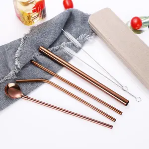 6 pieces/set Mental Straw Spoon Brush Customized Wholesale Stainless Steel Drinking Straw with Casing