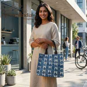 <b>Blue</b> Indigo <b>Rug</b> Tote Bag Block Print Cotton Tote Leather Handle Boho Shoulder Bag <b>Large</b> Everyday Tote - Product Image 3