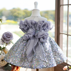 Abito <span class=keywords><strong>elegante</strong></span> da bambina di fascia alta per bambini con paillettes papillon monospalla vestito da ragazza - Product Image 3