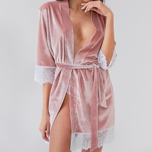 Encaje cosido cálido terciopelo <span class=keywords><strong>rosa</strong></span> negro Sexy manga corta Albornoz <span class=keywords><strong>pijama</strong></span> - Product Image 3