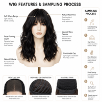 Perruque synthétique noire pour femme, ondulations moyennes, en fibre haute température, avec frange aérienne, résistante à la chaleur, bonnet en filet rose ajustable
