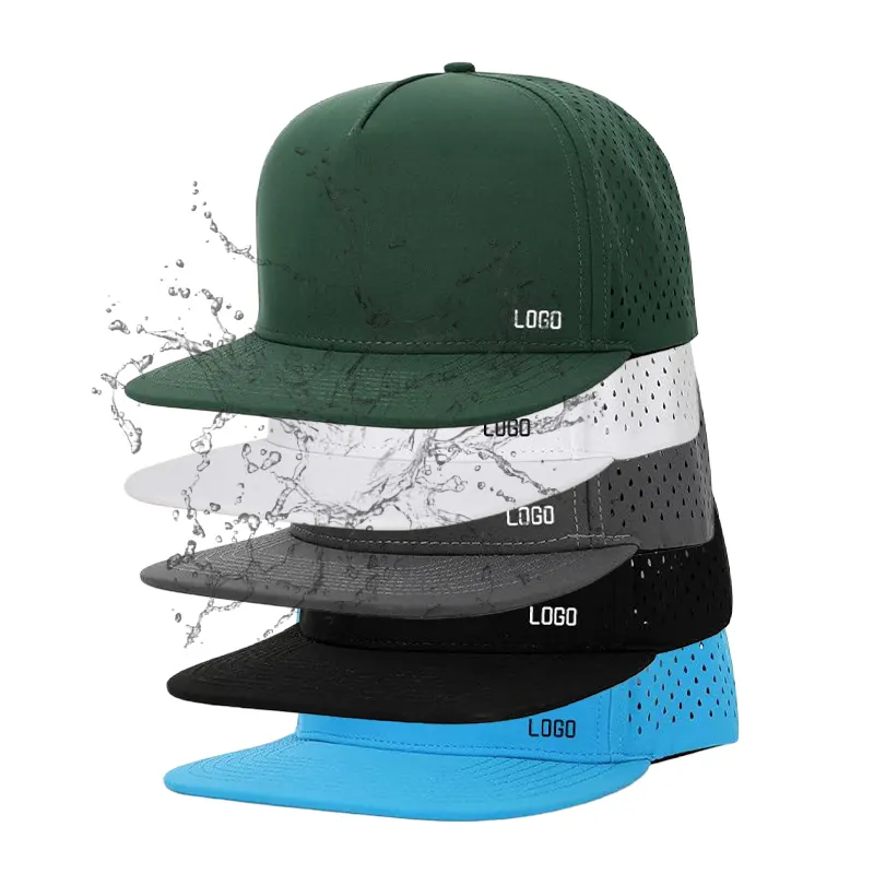 Chapéu de hip-hop com logotipo personalizado, boné snapback de 5 painéis, à prova d'água, com furos cortados a laser, secagem rápida e plana, premium
