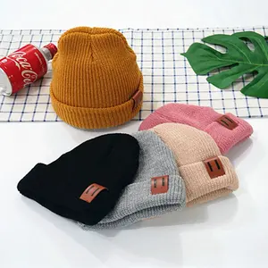 Grosir Desain Lucu Polos Rajut Polos Tambalan Kulit Kosong Bayi Balita Laki-laki Perempuan Beanie